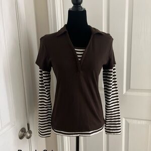 Cato Layered-Look Long Sleeve Top in Brown with Black-and-White Stripes